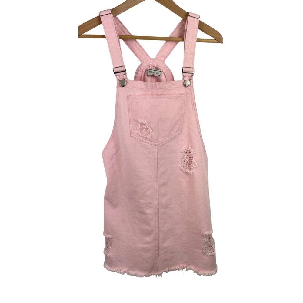 American Bazi Womens SIze Small Pink Casual Distressed Denim Overall Dress